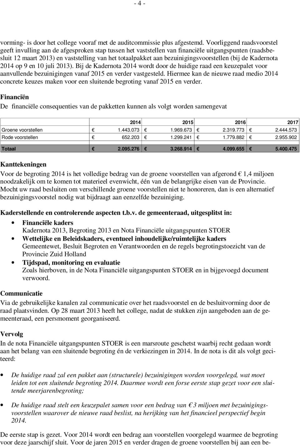 bezuinigingsvoorstellen (bij de Kadernota 2014 op 9 en 10 juli 2013). Bij de Kadernota 2014 wordt door de huidige raad een keuzepalet voor aanvullende bezuinigingen vanaf 2015 en verder vastgesteld.