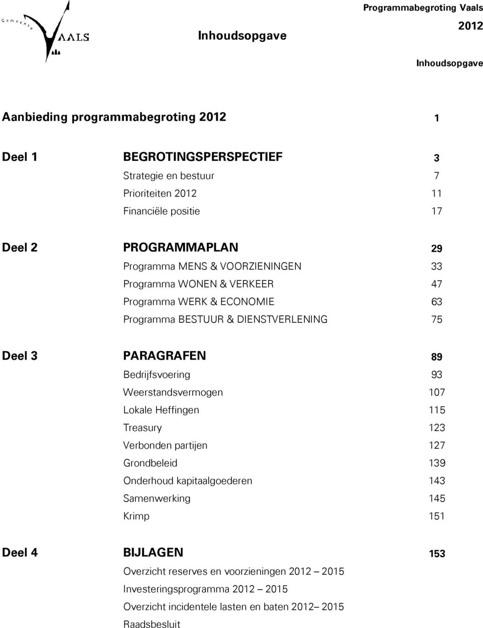 75 Deel 3 PARAGRAFEN 89 Bedrijfsvoering 93 Weerstandsvermogen 107 Lokale Heffingen 115 Treasury 123 Verbonden partijen 127 Grondbeleid 139 Onderhoud kapitaalgoederen 143