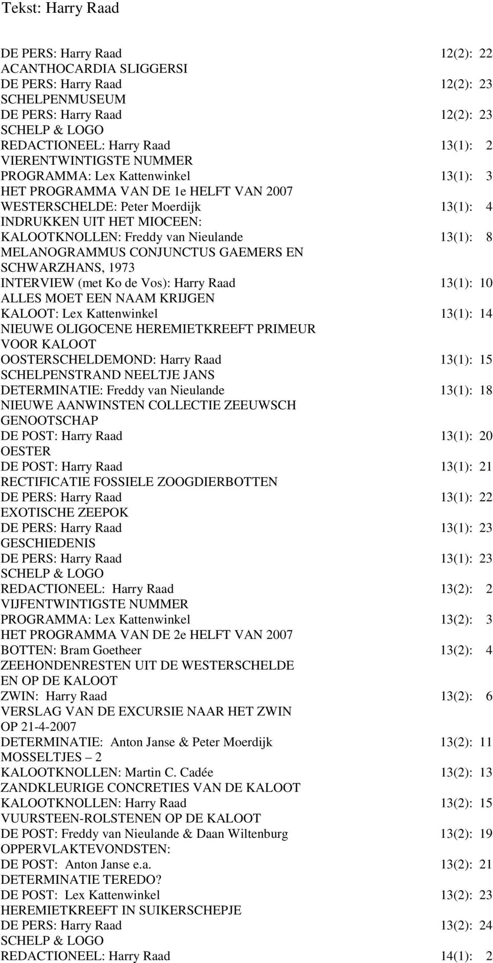 CONJUNCTUS GAEMERS EN SCHWARZHANS, 1973 INTERVIEW (met Ko de Vos): Harry Raad 13(1): 10 ALLES MOET EEN NAAM KRIJGEN KALOOT: Lex Kattenwinkel 13(1): 14 NIEUWE OLIGOCENE HEREMIETKREEFT PRIMEUR VOOR