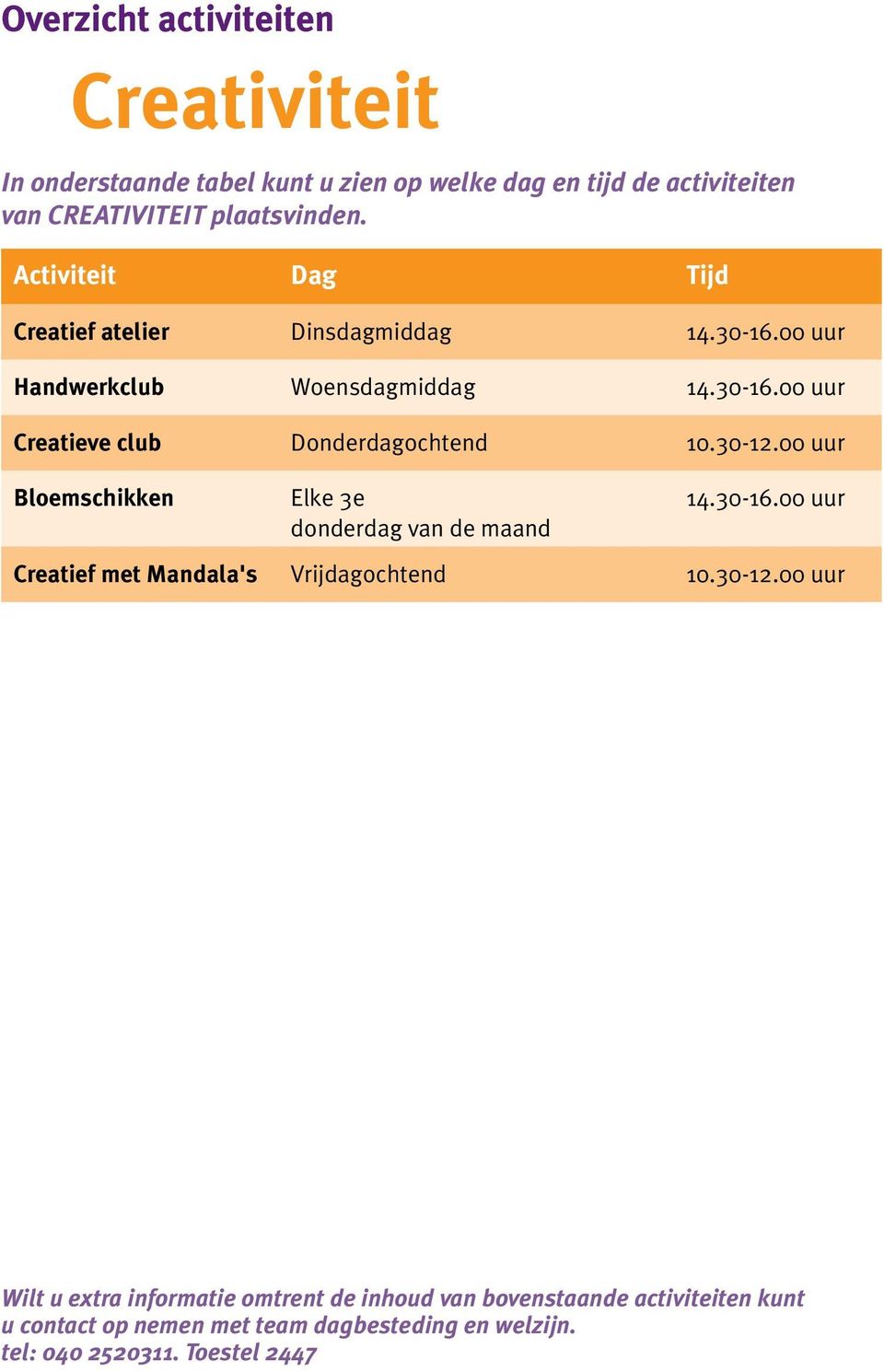 30-12.00 uur Bloemschikken Elke 3e donderdag van de maand 14.30-16.00 uur Creatief met Mandala's Vrijdagochtend 10.30-12.00 uur Wilt u extra informatie omtrent de inhoud van bovenstaande activiteiten kunt u contact op nemen met team dagbesteding en welzijn.