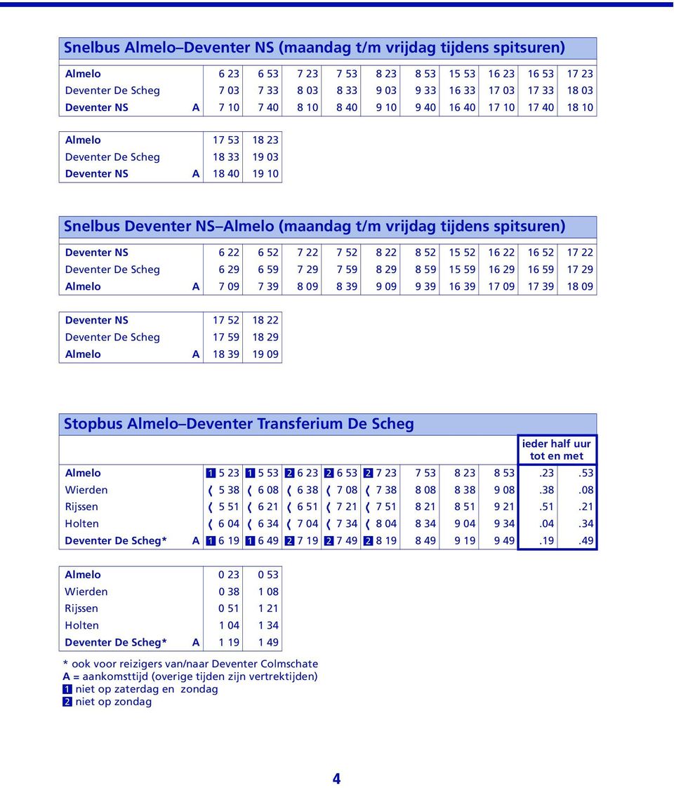 spitsuren) Deventer NS 6 22 6 52 7 22 7 52 8 22 8 52 15 52 16 22 16 52 17 22 Deventer De Scheg 6 29 6 59 7 29 7 59 8 29 8 59 15 59 16 29 16 59 17 29 Almelo A 7 09 7 39 8 09 8 39 9 09 9 39 16 39 17 09