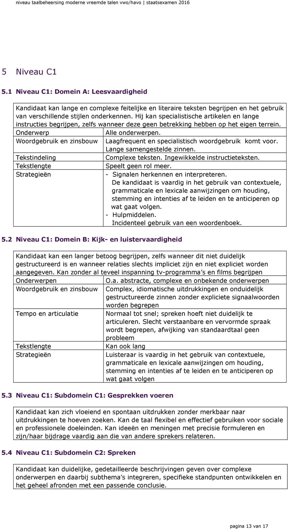 Woordgebruik en zinsbouw Laagfrequent en specialistisch woordgebruik komt voor. Lange samengestelde zinnen. Tekstindeling Complexe teksten. Ingewikkelde instructieteksten.