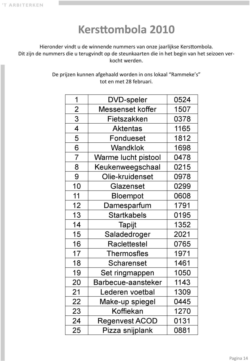 1 DVD-speler 0524 2 Messenset koffer 1507 3 Fietszakken 0378 4 Aktentas 1165 5 Fondueset 1812 6 Wandklok 1698 7 Warme lucht pistool 0478 8 Keukenweegschaal 0215 9 Olie-kruidenset 0978 10 Glazenset