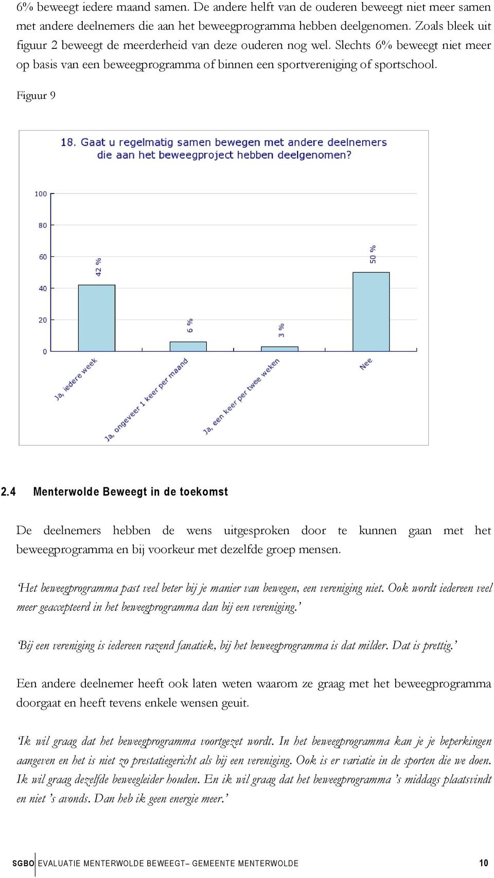 4 Menterwolde Beweegt in de toekomst De deelnemers hebben de wens uitgesproken door te kunnen gaan met het beweegprogramma en bij voorkeur met dezelfde groep mensen.