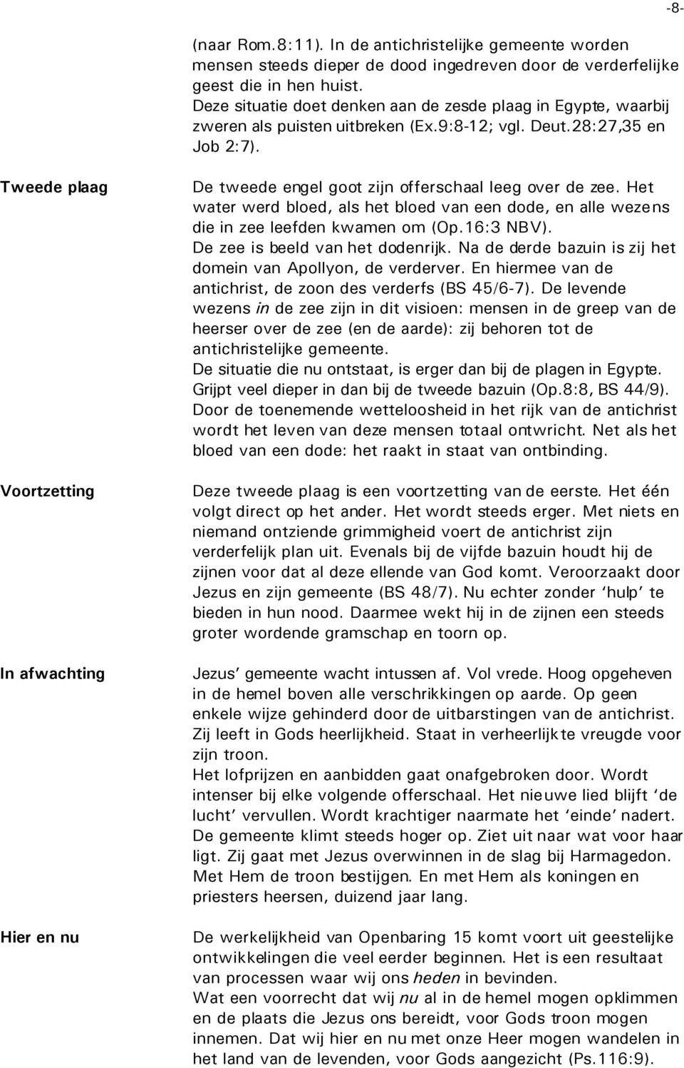 -8- Tweede plaag Voortzetting In afwachting Hier en nu De tweede engel goot zijn offerschaal leeg over de zee.