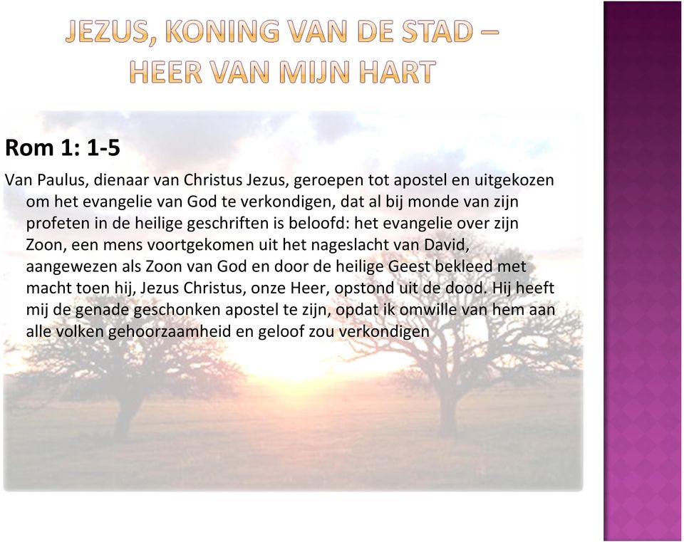 nageslacht van David, aangewezen als Zoon van God en door de heilige Geest bekleed met macht toen hij, Jezus Christus, onze Heer,