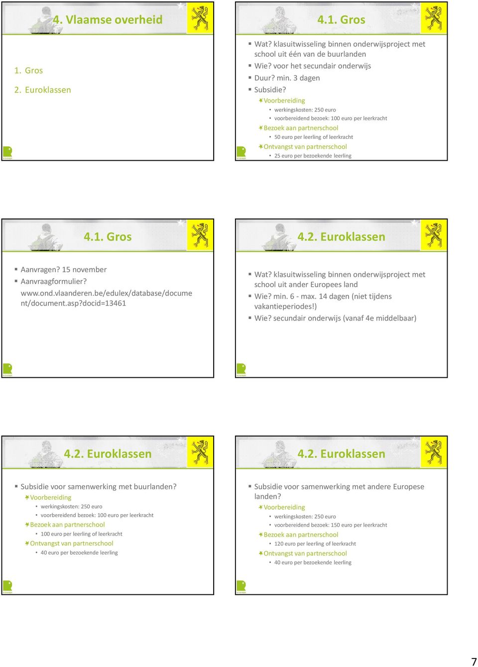 bezoekende leerling 4.1. Gros 4.2. Euroklassen Aanvragen? 15 november Aanvraagformulier? www.ond.vlaanderen.be/edulex/database/docume nt/document.asp?docid=13461 Wat?