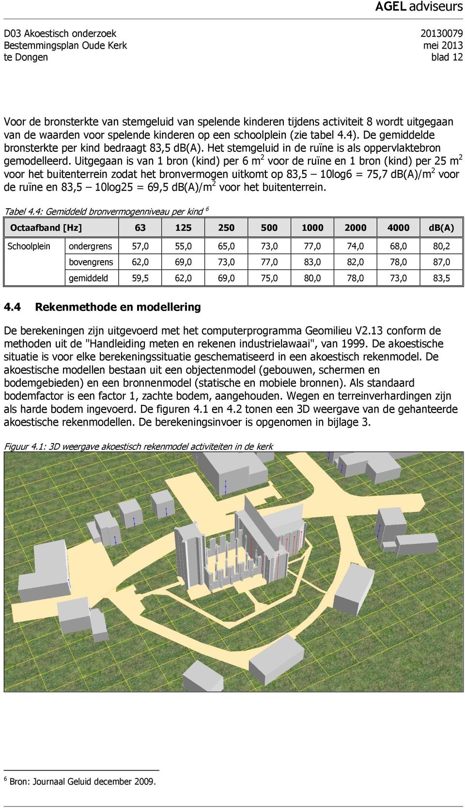 Uitgegaan is van 1 bron (kind) per 6 m 2 voor de ruïne en 1 bron (kind) per 25 m 2 voor het buitenterrein zodat het bronvermogen uitkomt op 83,5 10log6 = 75,7 db(a)/m 2 voor de ruïne en 83,5 10log25