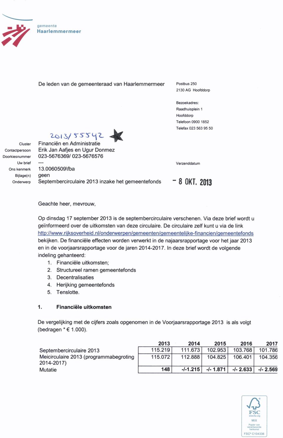 gemeentefonds Verzenddatum - 8 OKT. 2013 Geachte heer, mevrouw, Op dinsdag 17 september 2013 is de septembercirculaire verschenen.