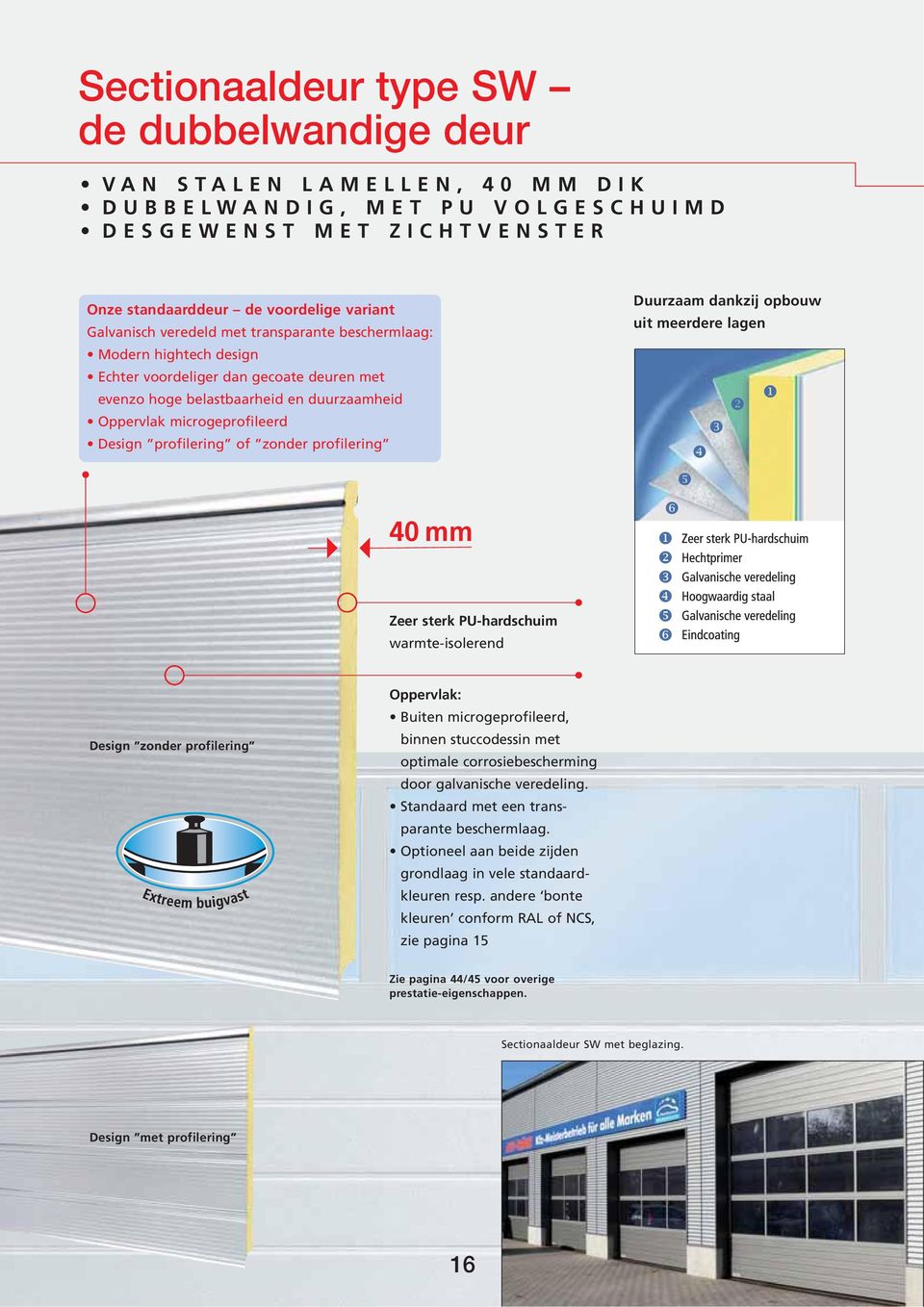 profilering Duurzaam dankzij opbouw uit meerdere lagen 40 mm Zeer sterk PU-hardschuim warmte-isolerend Design zonder profilering Oppervlak: Buiten microgeprofileerd, binnen stuccodessin met optimale