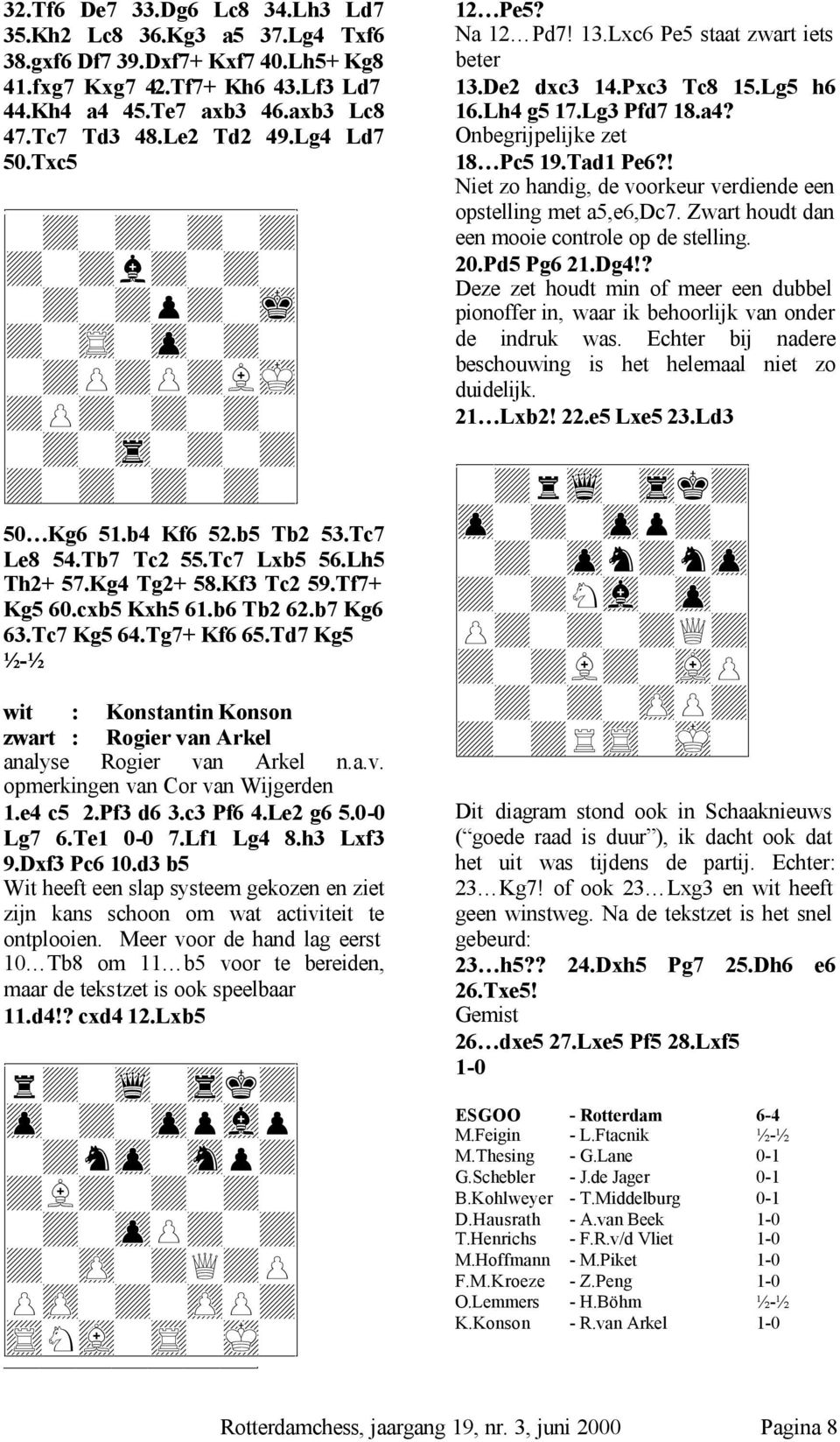 Kf3 Tc2 59.Tf7+ Kg5 60.cxb5 Kxh5 61.b6 Tb2 62.b7 Kg6 63.Tc7 Kg5 64.Tg7+ Kf6 65.Td7 Kg5 ½-½ wit : Konstantin Konson zwart : Rogier van Arkel analyse Rogier van Arkel n.a.v. opmerkingen van Cor van Wijgerden 1.