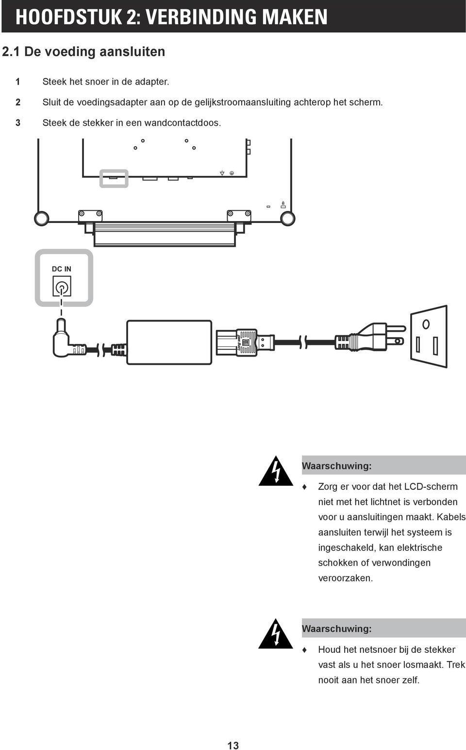 DC IN Waarschuwing: Zorg er voor dat het LCD-scherm niet met het lichtnet is verbonden voor u aansluitingen maakt.