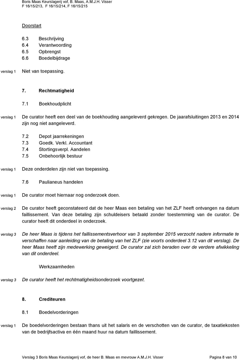 4 Stortingsverpl. Aandelen 7.5 Onbehoorlijk bestuur Deze onderdelen zijn niet van toepassing. 7.6 Paulianeus handelen De curator moet hiernaar nog onderzoek doen.