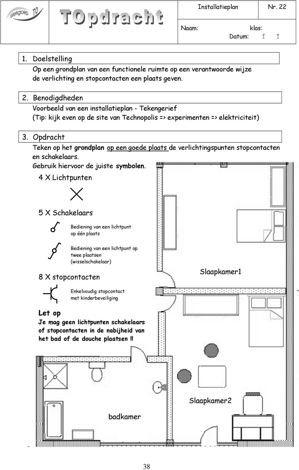 4 X Lichtpunten 5 X Schakelaars Bediening van een lichtpunt op één plaats 8 X stopcontacten Bediening van een lichtpunt op twee plaatsen (wisselschakelaar) Slaapkamer1 Enkelvoudig stopcontact