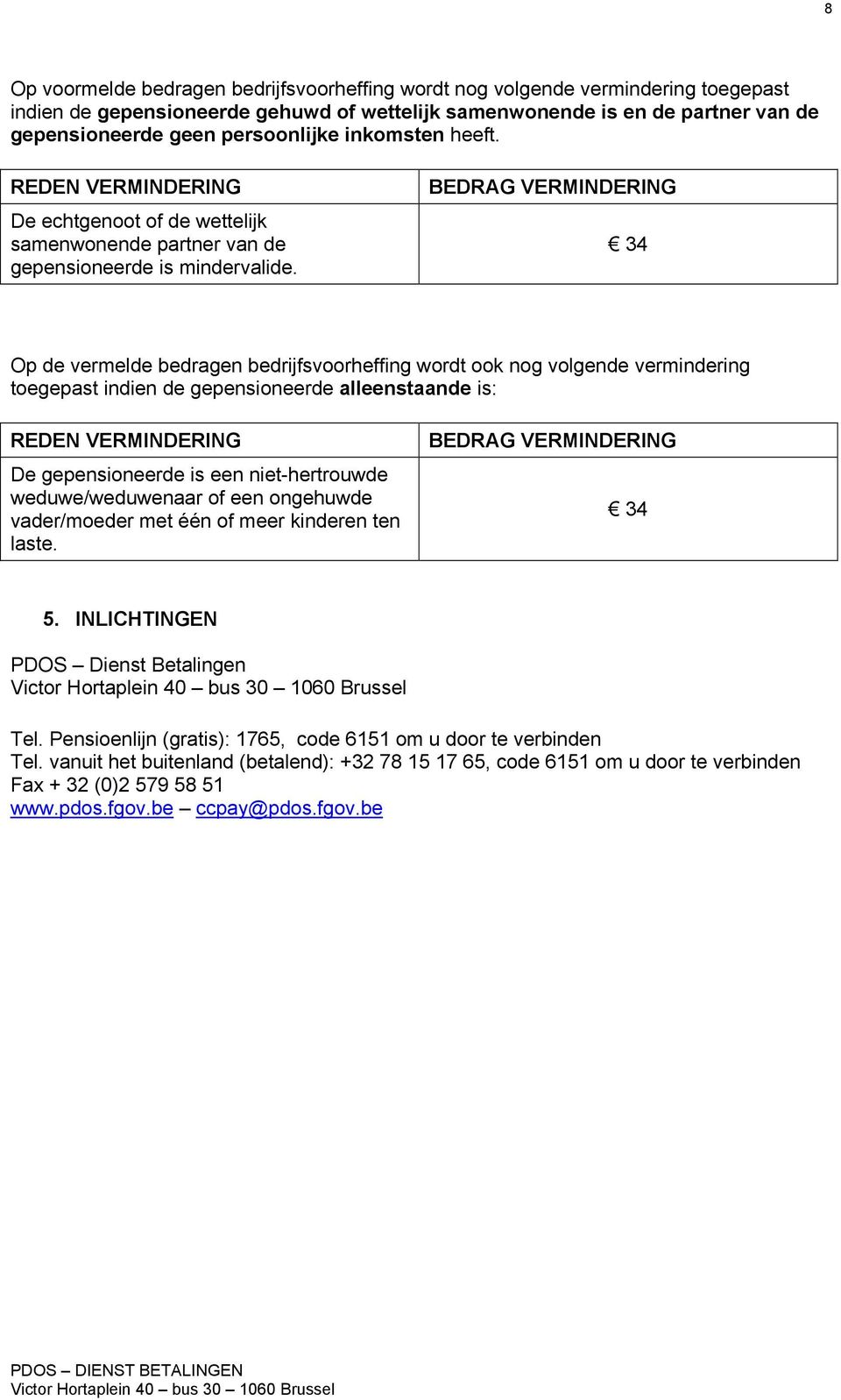 BEDRAG VERMINDERING 34 Op de vermelde bedragen bedrijfsvoorheffing wordt ook nog volgende vermindering toegepast indien de gepensioneerde alleenstaande is: REDEN VERMINDERING De gepensioneerde is een