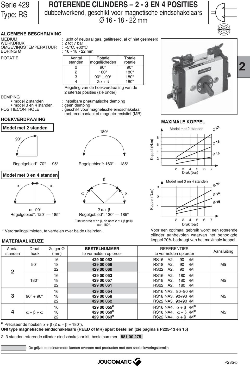 onder) EMPING model standen : instelbare pneumatische demping model en standen : geen demping POSITIEONTROLE : geschikt voor magnetische eindschakelaar met reed contact of magneto-resistief (MR)