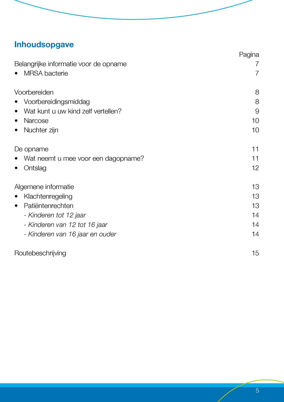 9 Narcose 10 Nuchter zijn 10 De opname 11 Wat neemt u mee voor een dagopname?