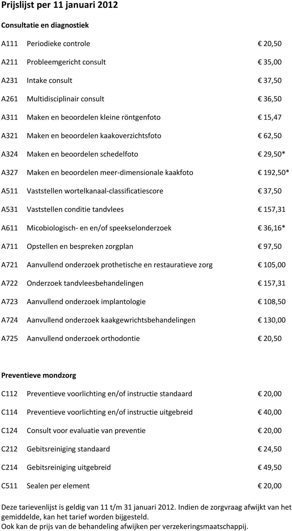 Vaststellen wortelkanaal-classificatiescore 37,50 A531 Vaststellen conditie tandvlees 157,31 A611 Micobiologisch- en en/of speekselonderzoek 36,16* A711 Opstellen en bespreken zorgplan 97,50 A721