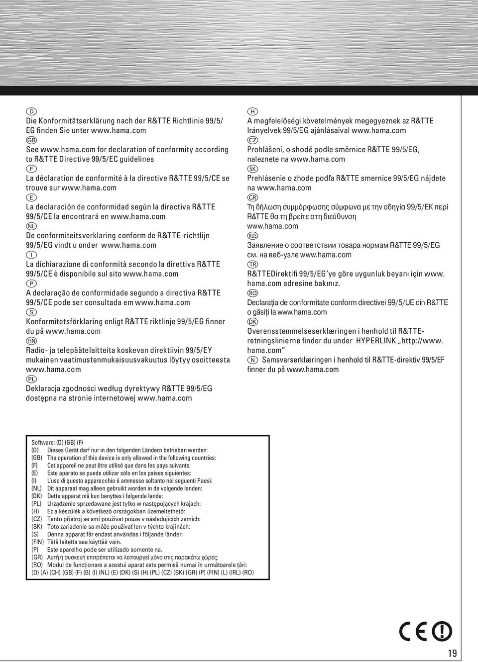 hama.com o De conformiteitsverklaring conform de R&TTE-richtlijn 99/5/EG vindt u onder www.hama.com i La dichiarazione di conformità secondo la direttiva R&TTE 99/5/CE è disponibile sul sito www.hama.com p A declaração de conformidade segundo a directiva R&TTE 99/5/CE pode ser consultada em www.