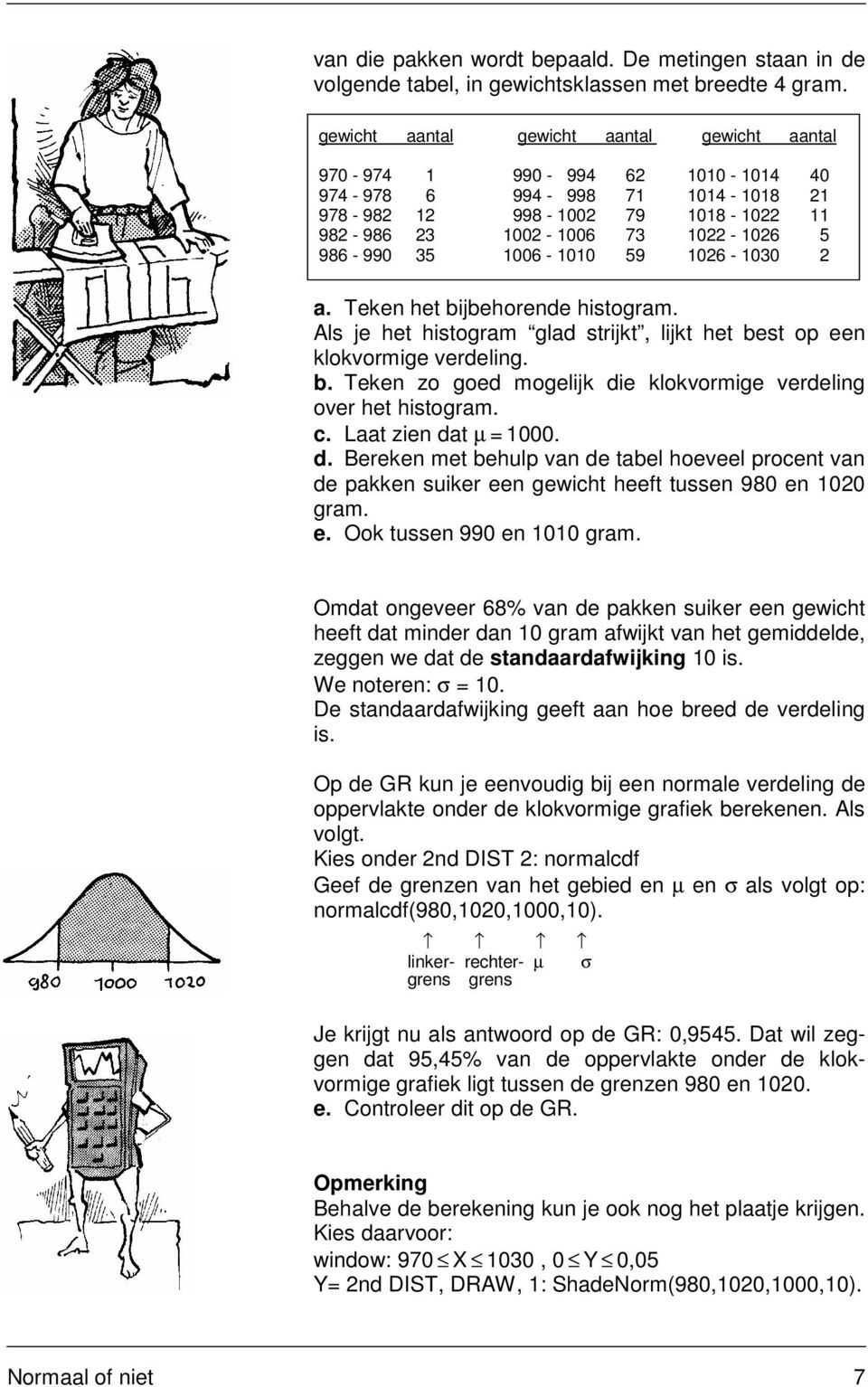 1006-1010 59 1026-1030 2 a. Teken het bijbehorende histogram. Als je het histogram glad strijkt, lijkt het best op een klokvormige verdeling. b. Teken zo goed mogelijk die klokvormige verdeling over het histogram.