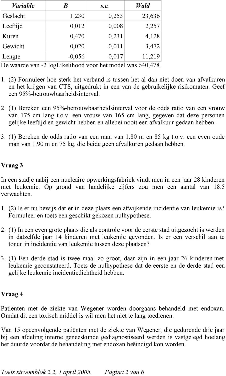 Wald Geslacht 1,230 0,253 23,636 Leeftijd 0,012 0,008 2,257 Kuren 0,470 0,231 4,128 Gewicht 0,020 0,011 3,472 Lengte -0,056 0,017 11,219 De waarde van -2 loglikelihood voor het model was 640,478. 1. (2) Formuleer hoe sterk het verband is tussen het al dan niet doen van afvalkuren en het krijgen van CTS, uitgedrukt in een van de gebruikelijke risikomaten.