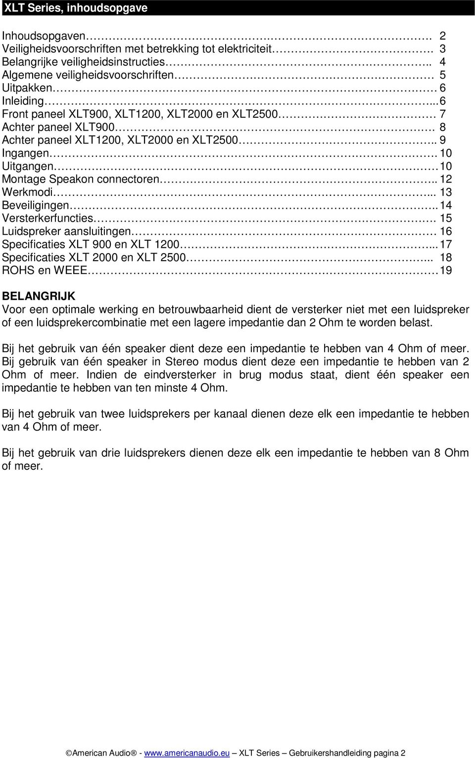 10 Uitgangen 10 Montage Speakon connectoren.. 12 Werkmodi... 13 Beveiligingen.. 14 Versterkerfuncties. 15 Luidspreker aansluitingen 16 Specificaties XLT 900 en XLT 1200.