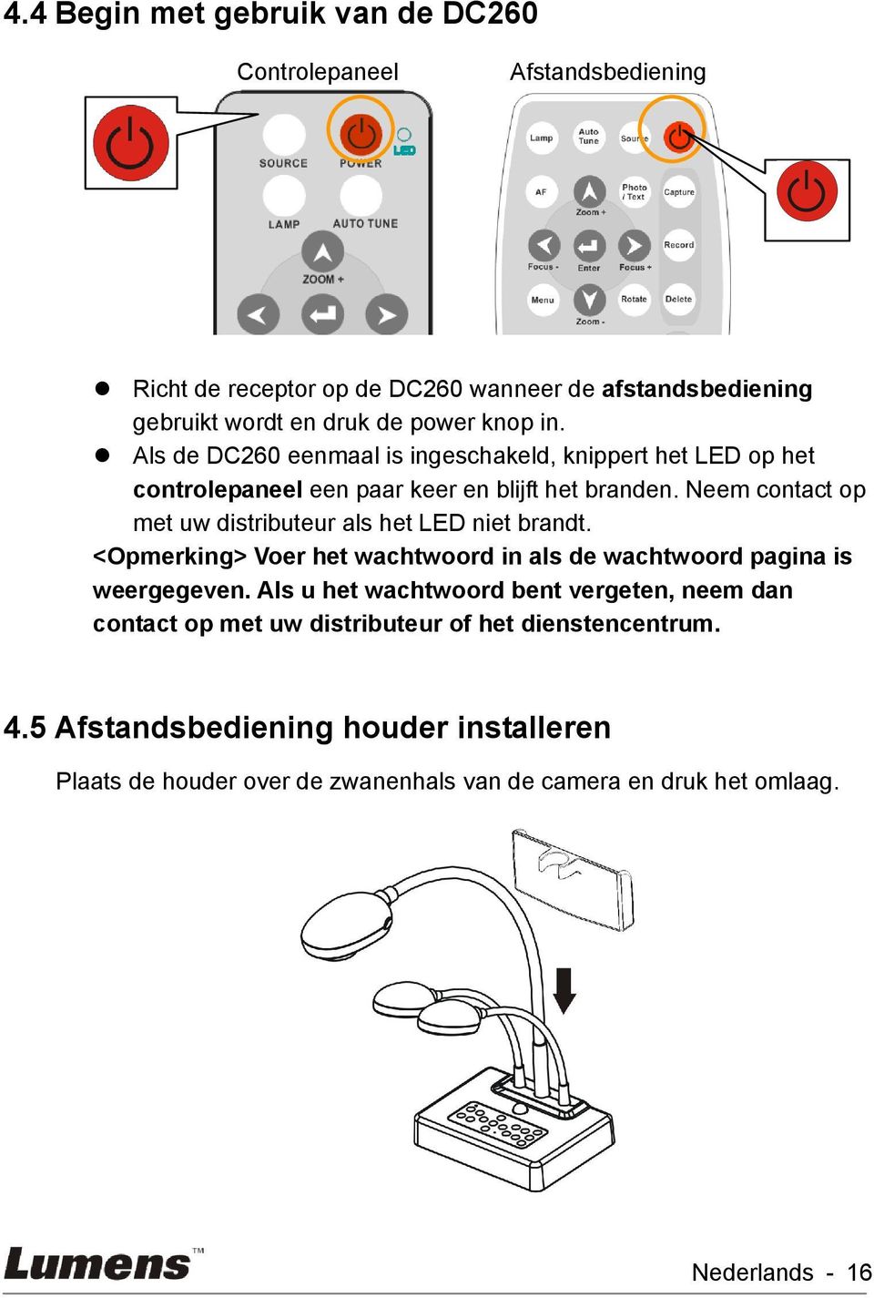 Neem contact op met uw distributeur als het LED niet brandt. <Opmerking> Voer het wachtwoord in als de wachtwoord pagina is weergegeven.