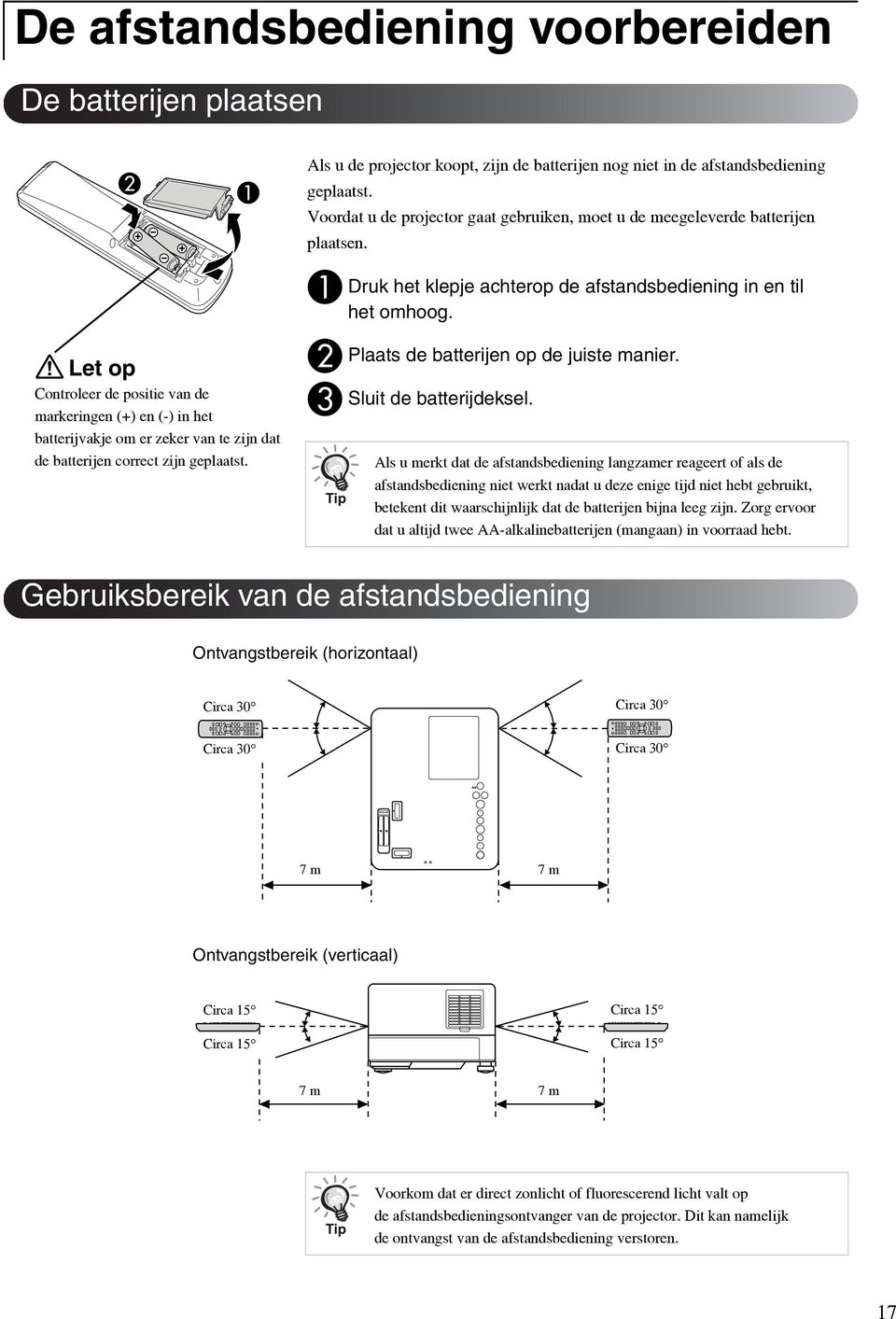 A B C Druk het klepje achterop de afstandsbediening in en til het omhoog. Plaats de batterijen op de juiste manier. Sluit de batterijdeksel.