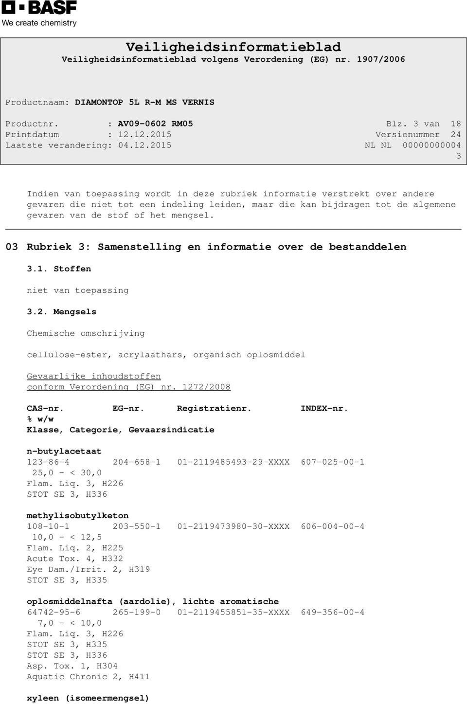 mengsel. 03 Rubriek 3: Samenstelling en informatie over de bestanddelen 3.1. Stoffen niet van toepassing 3.2.