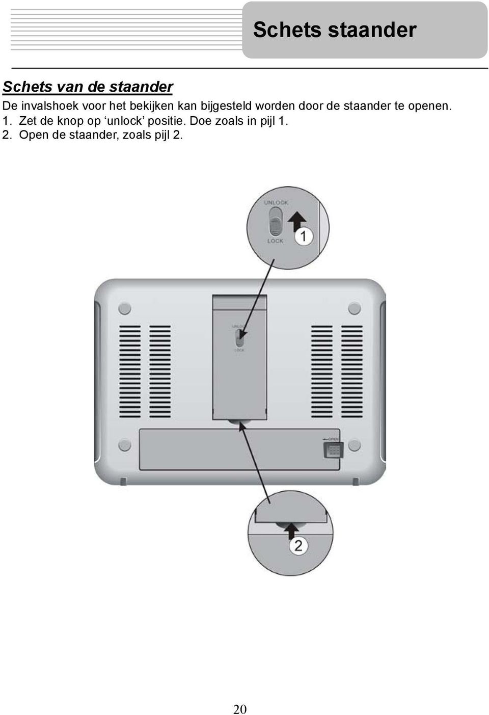 staander te openen. 1. Zet de knop op unlock positie.