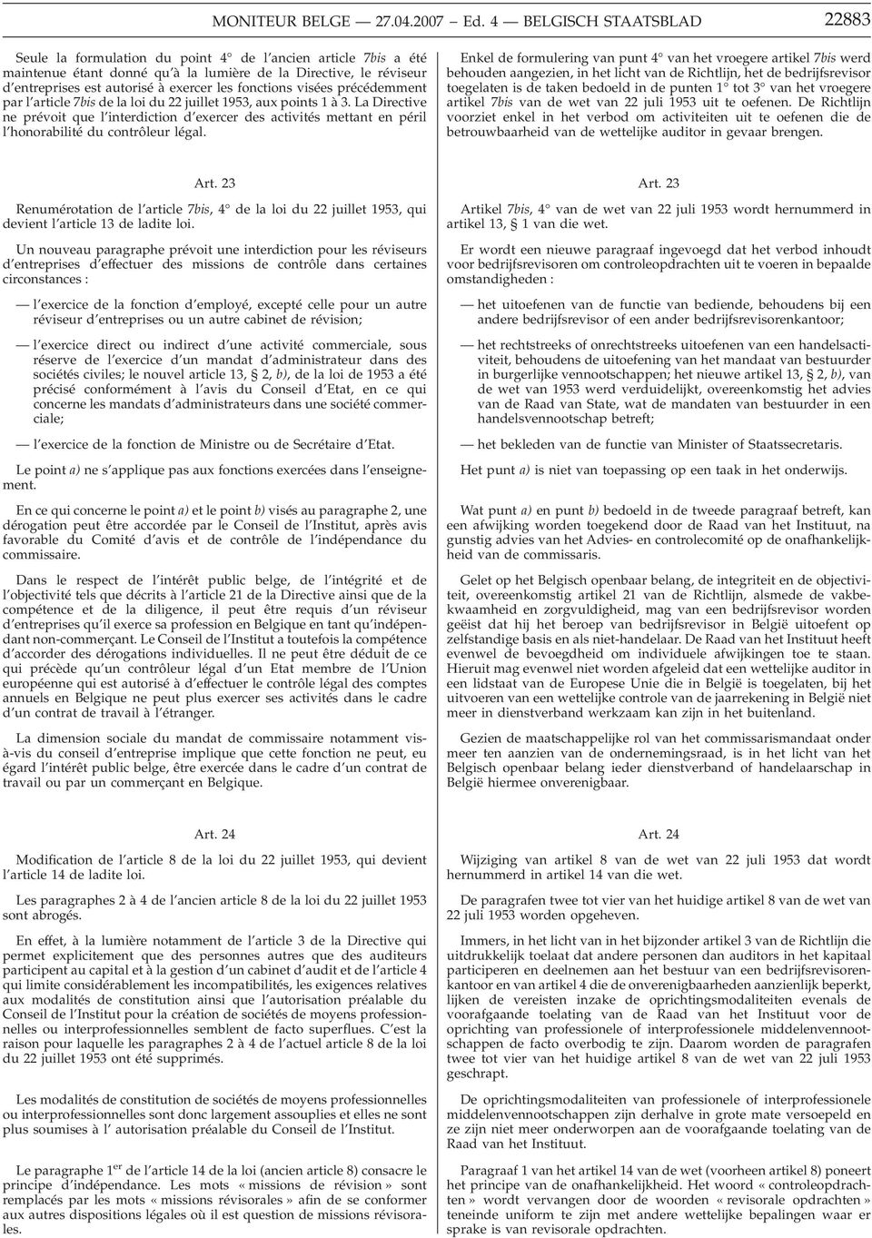 fonctions visées précédemment par l article 7bis de la loi du 22 juillet 1953, aux points 1 à 3.