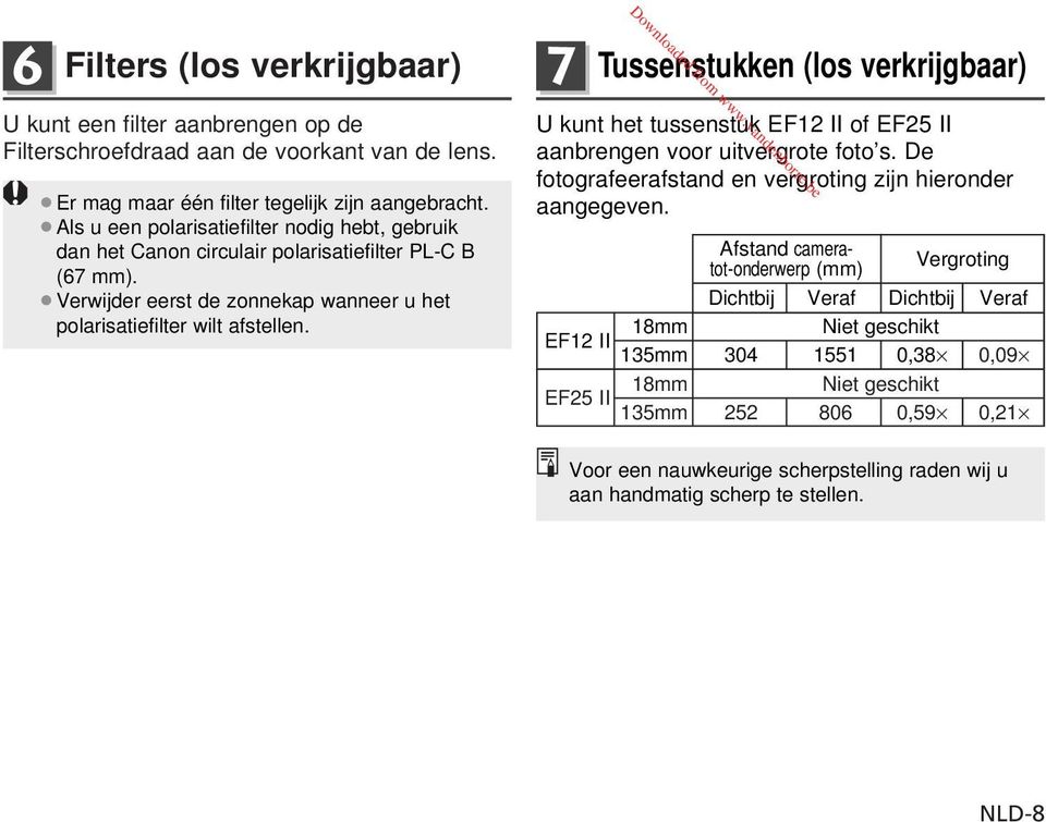 Downloaded from www.vandenborre.be 7 Tussenstukken (los verkrijgbaar) U kunt het tussenstuk EF12 II of EF25 II aanbrengen voor uitvergrote foto s.