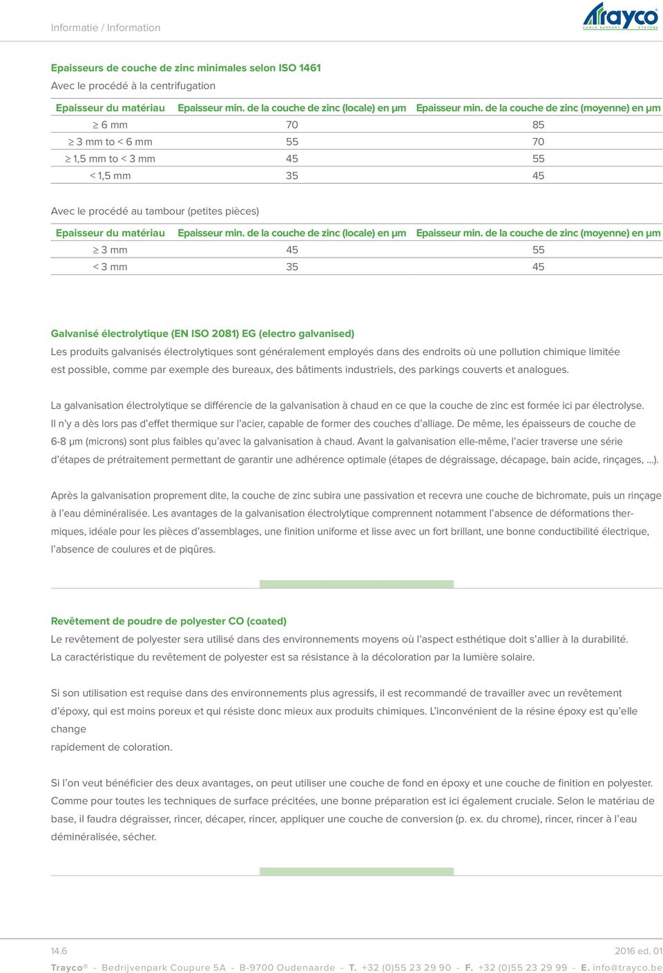 de la couche de zinc (locale) en µm Epaisseur min.