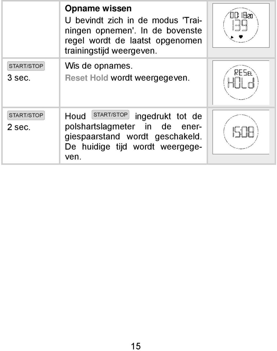 Reset Hold wordt weergegeven. START/STOP 2 sec.