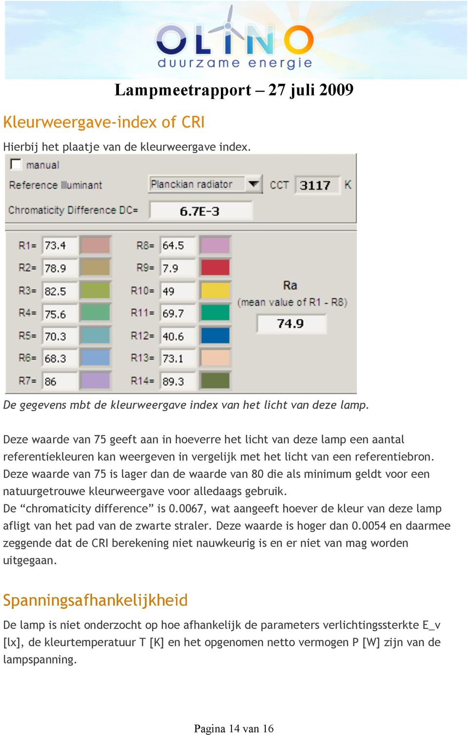 Deze waarde van 75 is lager dan de waarde van 80 die als minimum geldt voor een natuurgetrouwe kleurweergave voor alledaags gebruik. De chromaticity difference is 0.