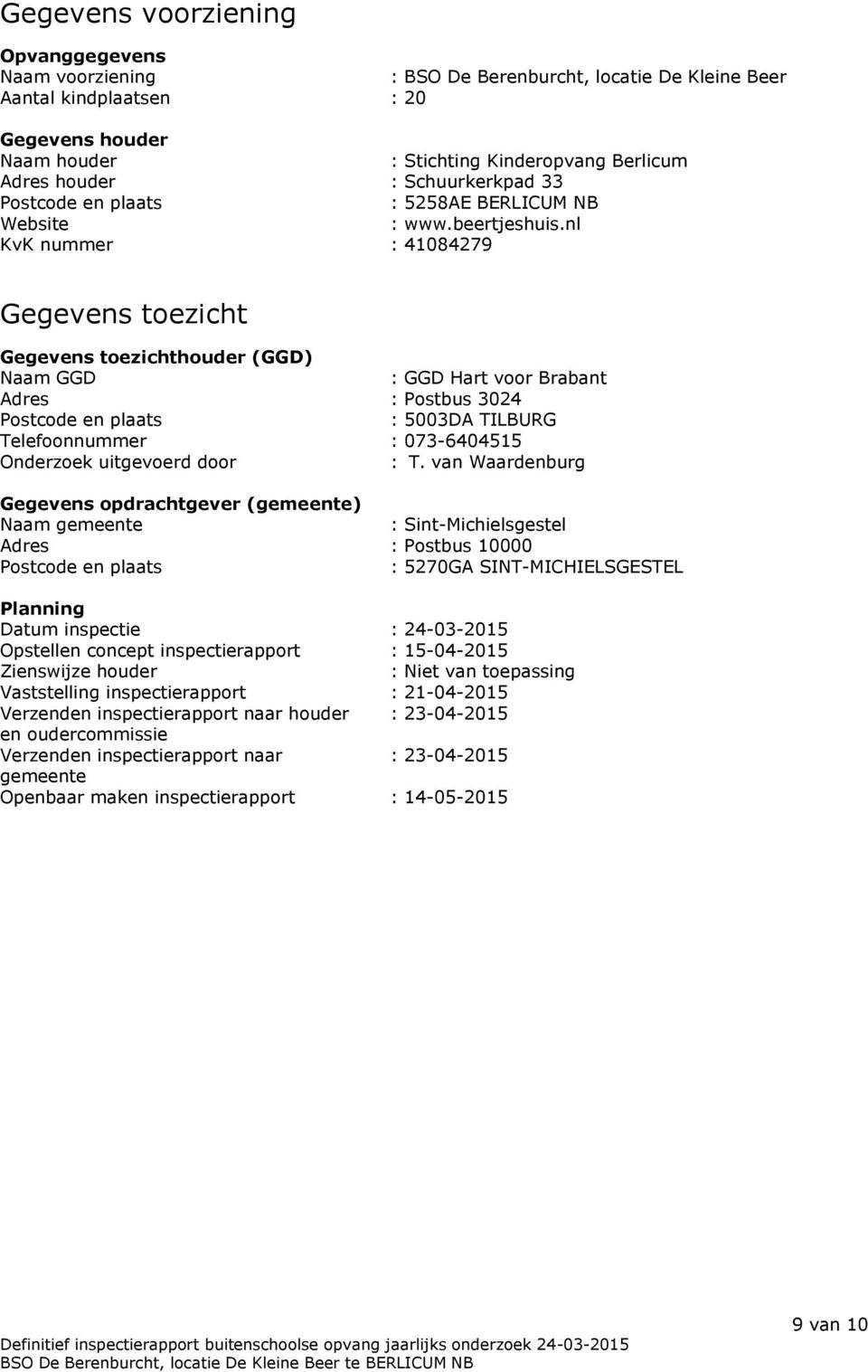 nl KvK nummer : 41084279 Gegevens toezicht Gegevens toezichthouder (GGD) Naam GGD : GGD Hart voor Brabant Adres : Postbus 3024 Postcode en plaats : 5003DA TILBURG Telefoonnummer : 073-6404515