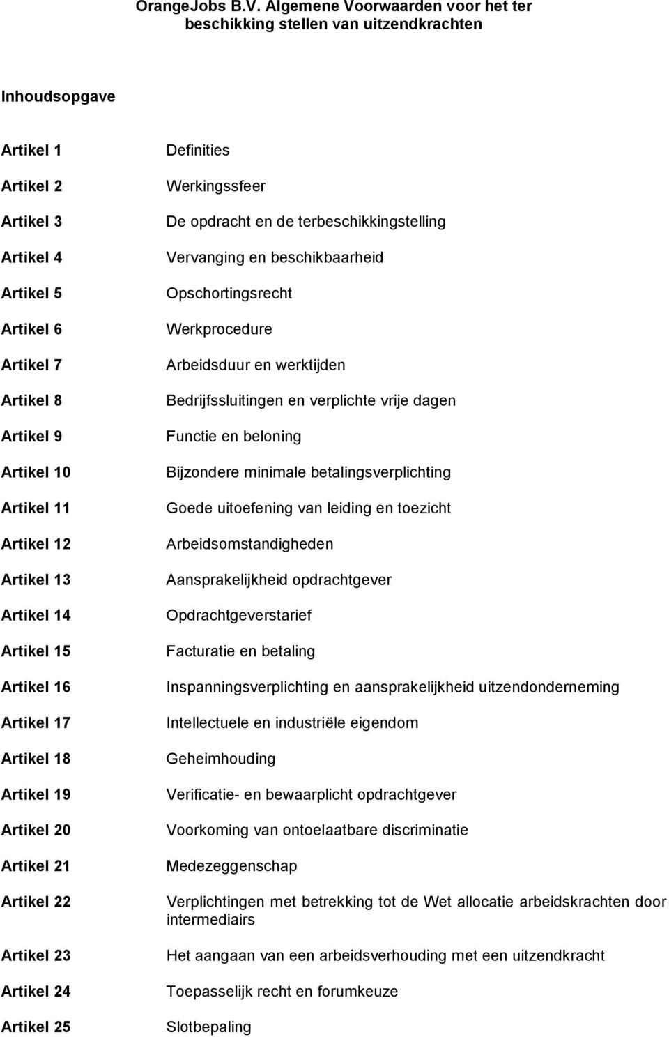 Artikel 12 Artikel 13 Artikel 14 Artikel 15 Artikel 16 Artikel 17 Artikel 18 Artikel 19 Artikel 20 Artikel 21 Artikel 22 Artikel 23 Artikel 24 Artikel 25 Definities Werkingssfeer De opdracht en de