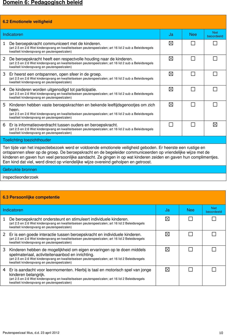 6 Wet kinderopvang en kwaliteitseisen peuterspeelzalen; art 16 lid 2 sub a Beleidsregels 3 Er heerst een ontspannen, open sfeer in de groep. (art 2.5 en 2.