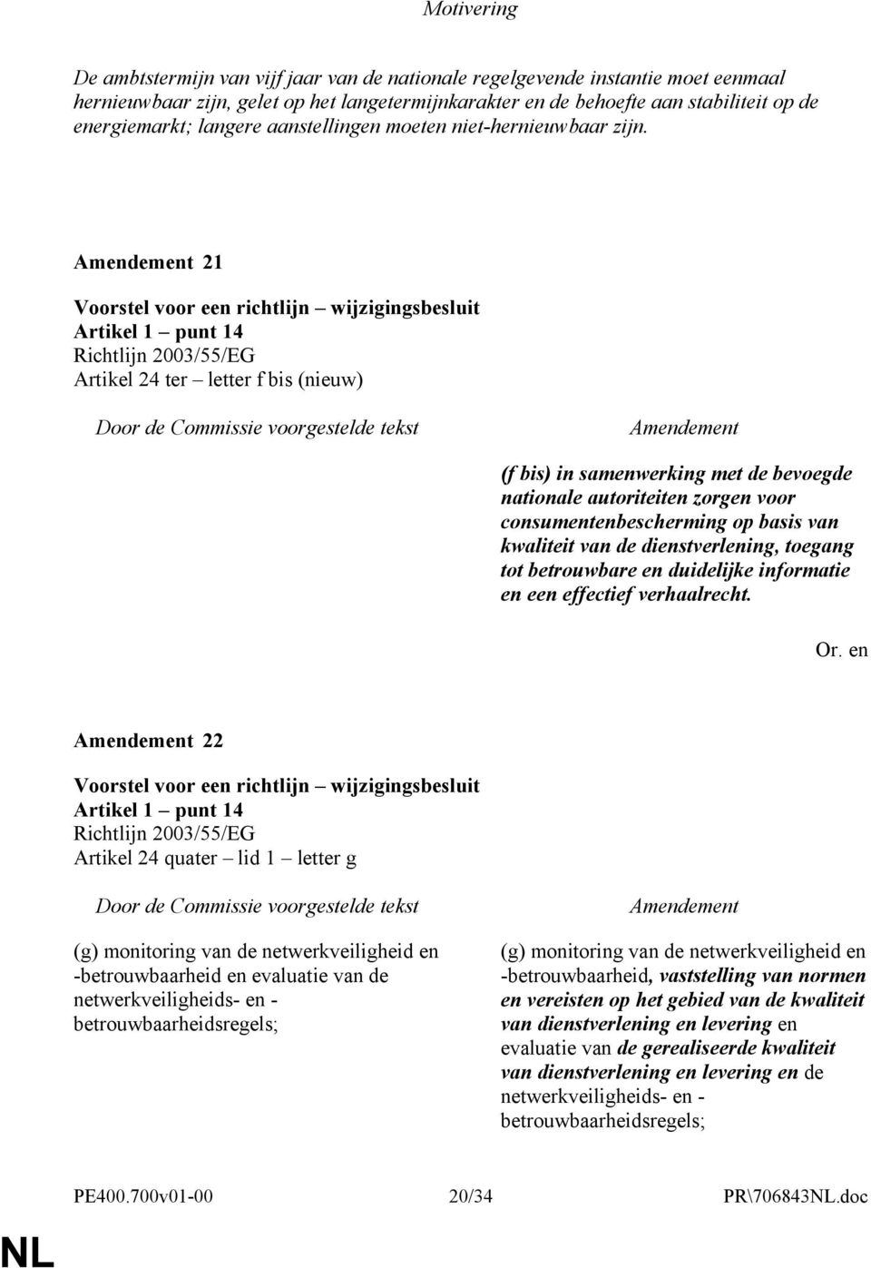 21 Artikel 24 ter letter f bis (nieuw) (f bis) in samenwerking met de bevoegde nationale autoriteiten zorgen voor consumentenbescherming op basis van kwaliteit van de dienstverlening, toegang tot