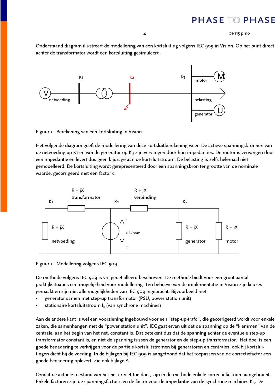 De actieve spanningsbronnen van de netvoeding op K1 en van de generator op K3 zijn vervangen door hun impedanties.