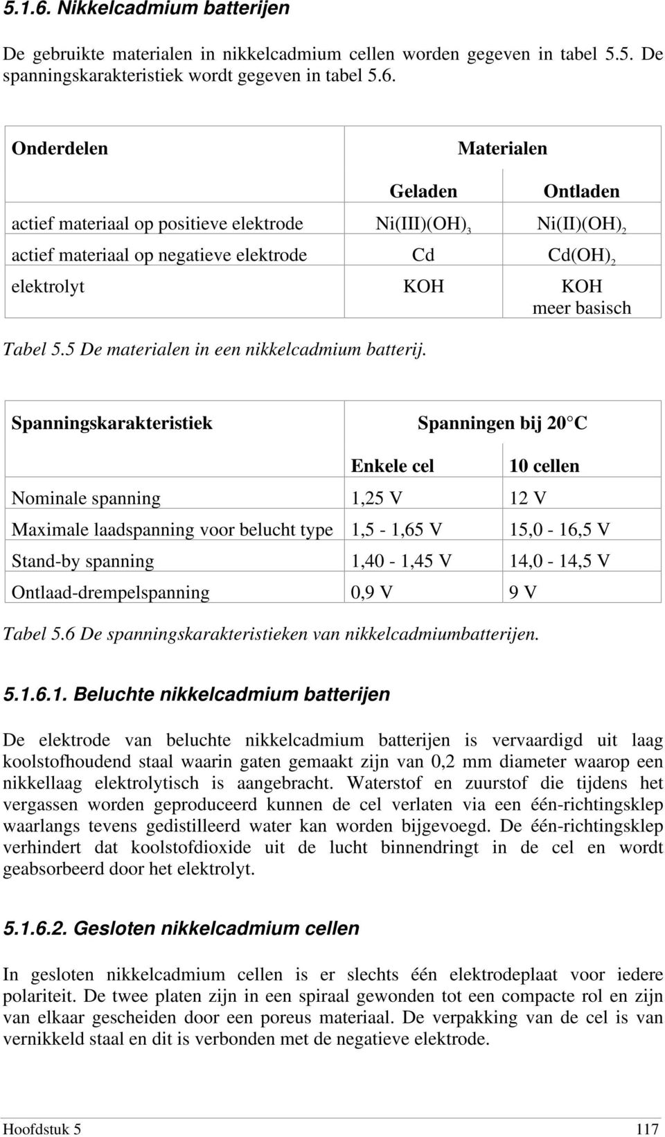 Onderdelen Materialen Geladen Ontladen actief materiaal op positieve elektrode Ni(III)(OH) 3 Ni(II)(OH) 2 actief materiaal op negatieve elektrode Cd Cd(OH) 2 elektrolyt KOH KOH meer basisch Tabel 5.