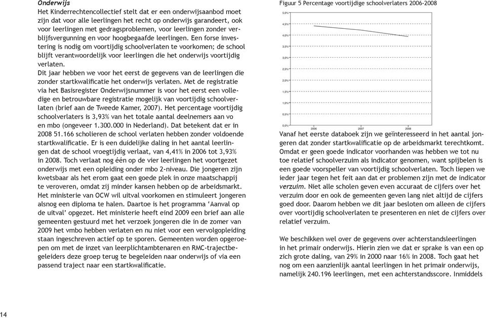 Een forse investering is nodig om voortijdig schoolverlaten te voorkomen; de school blijft verantwoordelijk voor leerlingen die het onderwijs voortijdig verlaten.