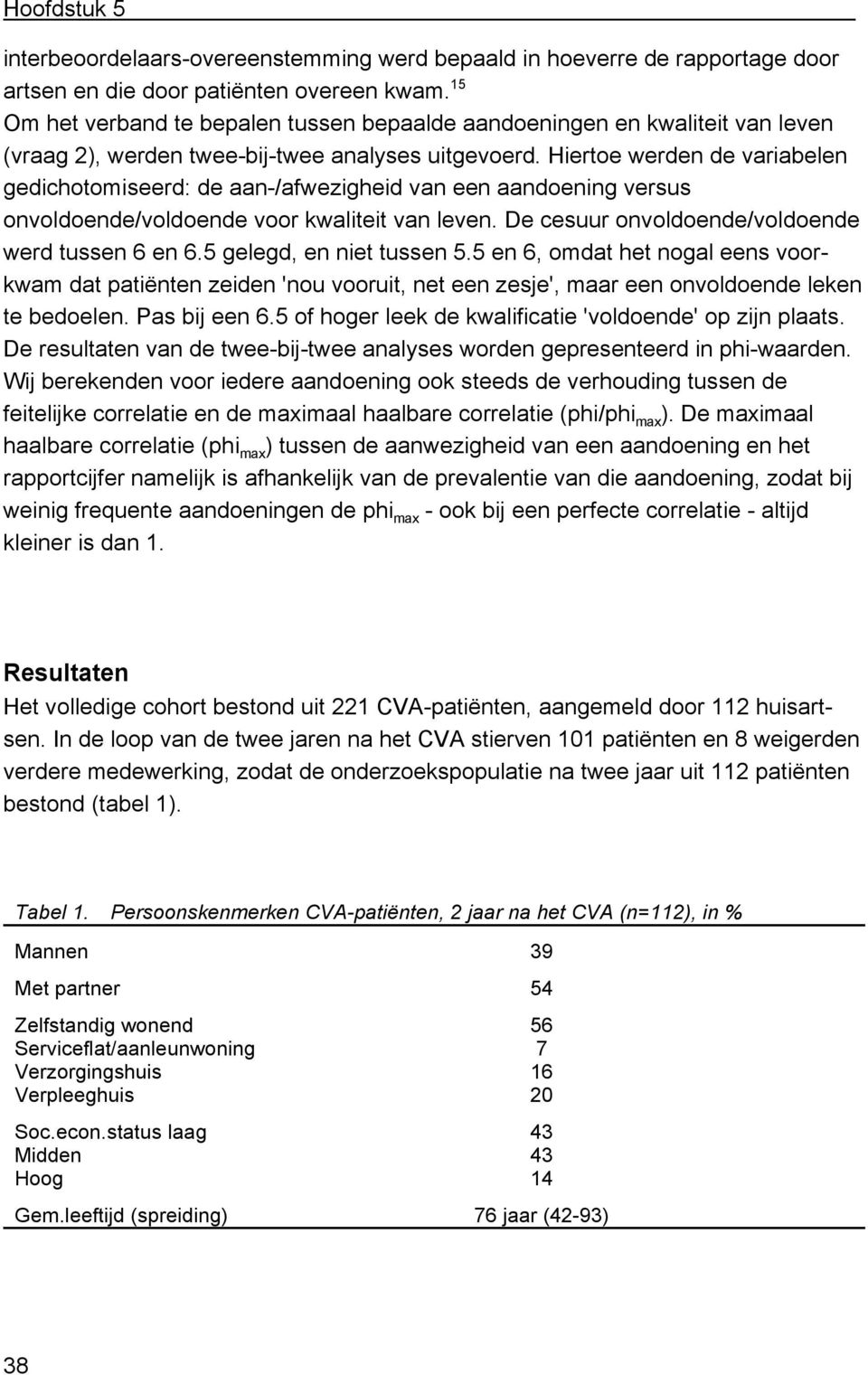 Hiertoe werden de variabelen gedichotomiseerd: de aan-/afwezigheid van een aandoening versus onvoldoende/voldoende voor kwaliteit van leven. De cesuur onvoldoende/voldoende werd tussen 6 en 6.