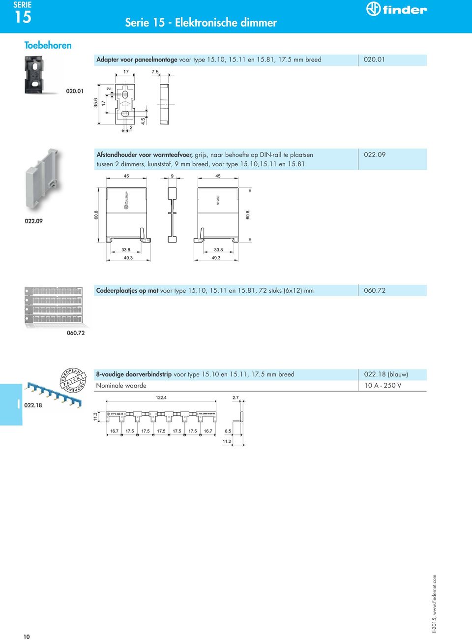 09 tussen 2 dimmers, kunststof, 9 mm breed, voor type 15.10,15.11 en 15.81 022.09 Codeerplaatjes op mat voor type 15.10, 15.11 en 15.81, 72 stuks (6x12) mm 060.