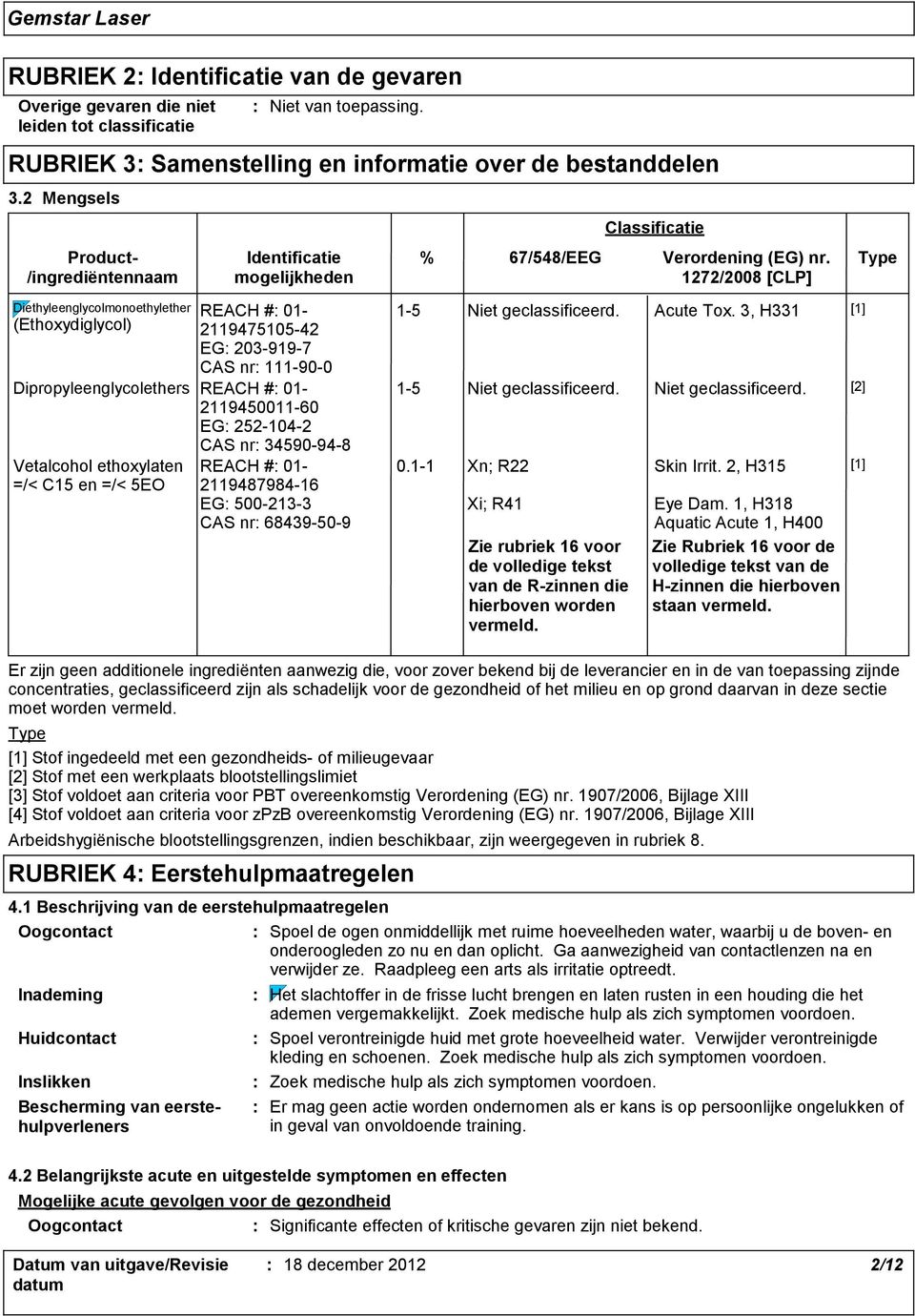 Type 1272/2008 [CLP] Diethyleenglycolmonoethylether (Ethoxydiglycol) REACH # 01 211947510542 EG 2039197 CAS nr 111900 Dipropyleenglycolethers REACH # 01 211945001160 EG 2521042 CAS nr 34590948
