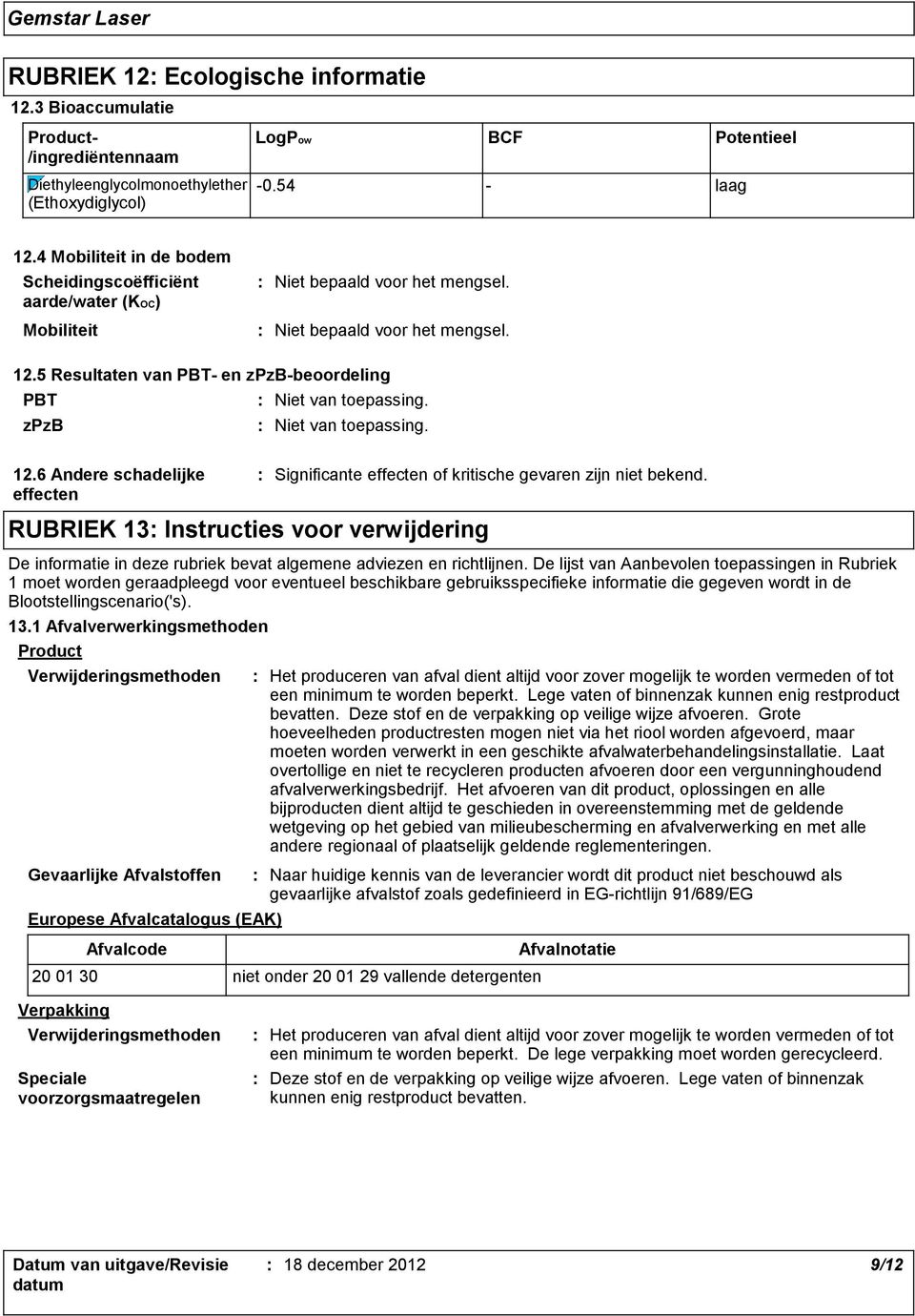 5 Resultaten van PBT en zpzbbeoordeling PBT Niet van toepassing. zpzb Niet van toepassing. 12.