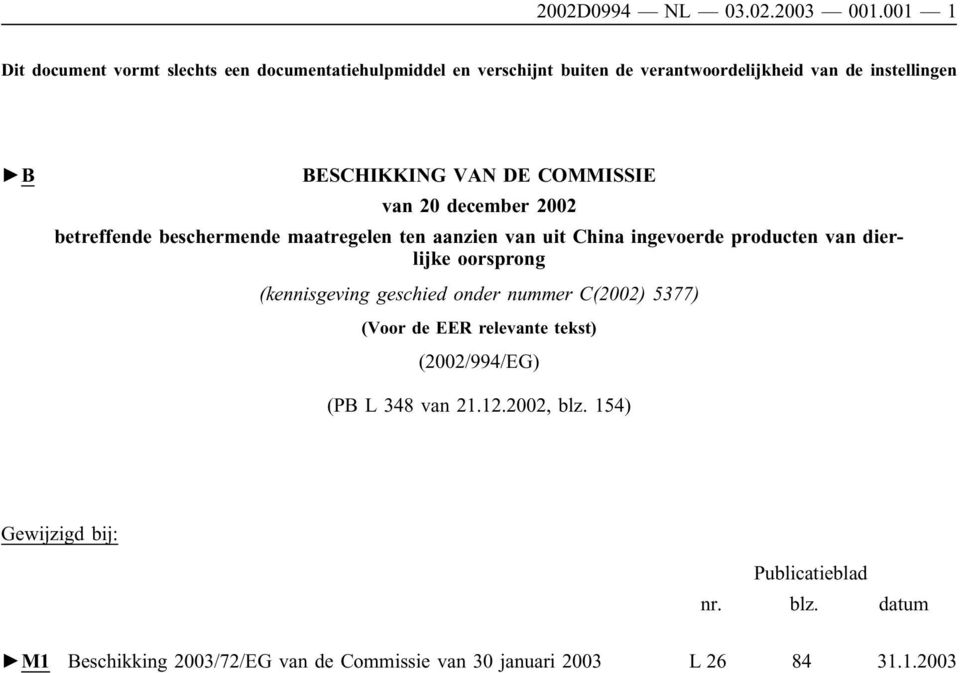 VAN DE COMMISSIE van 20 december 2002 betreffende beschermende maatregelen ten aanzien van uit China ingevoerde producten van dierlijke