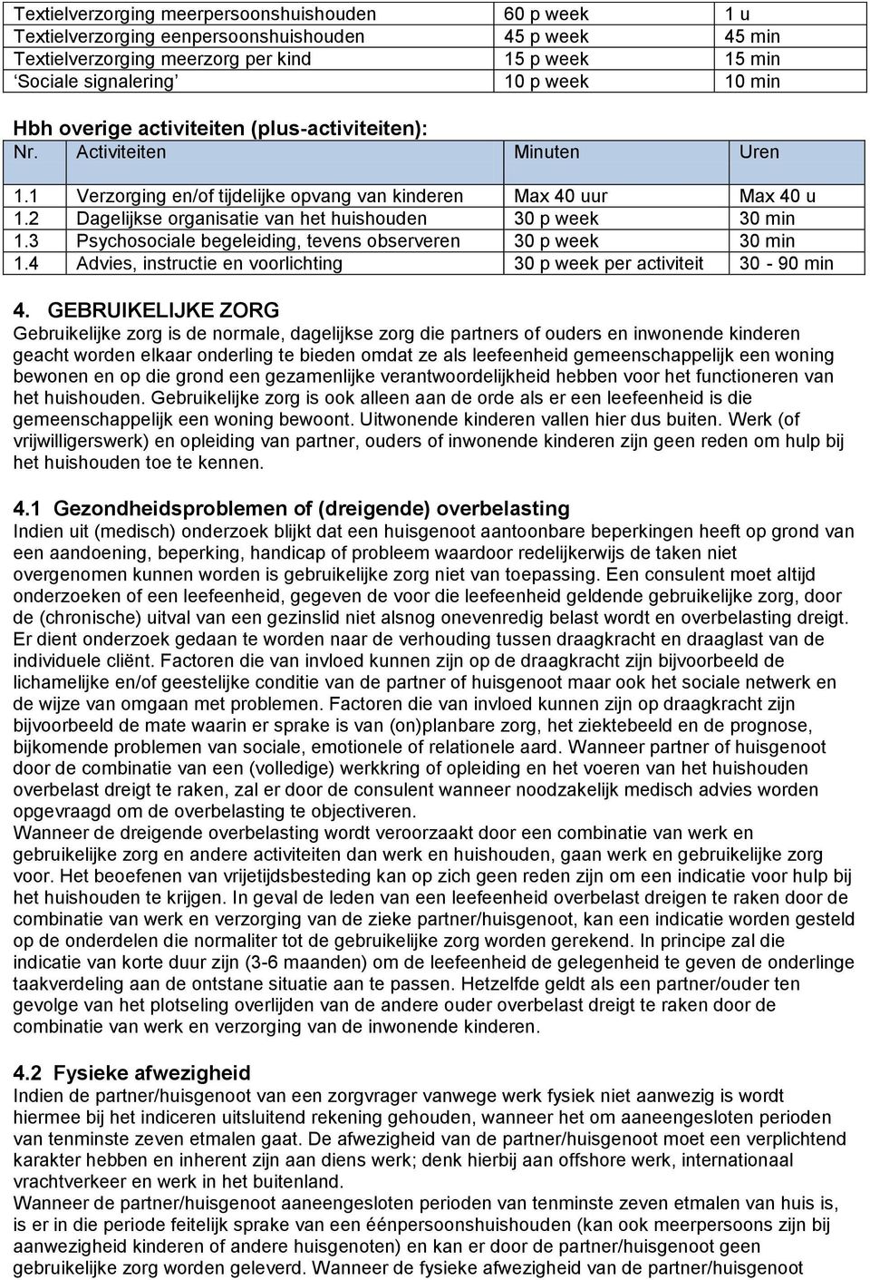 2 Dagelijkse organisatie van het huishouden 30 p week 30 min 1.3 Psychosociale begeleiding, tevens observeren 30 p week 30 min 1.