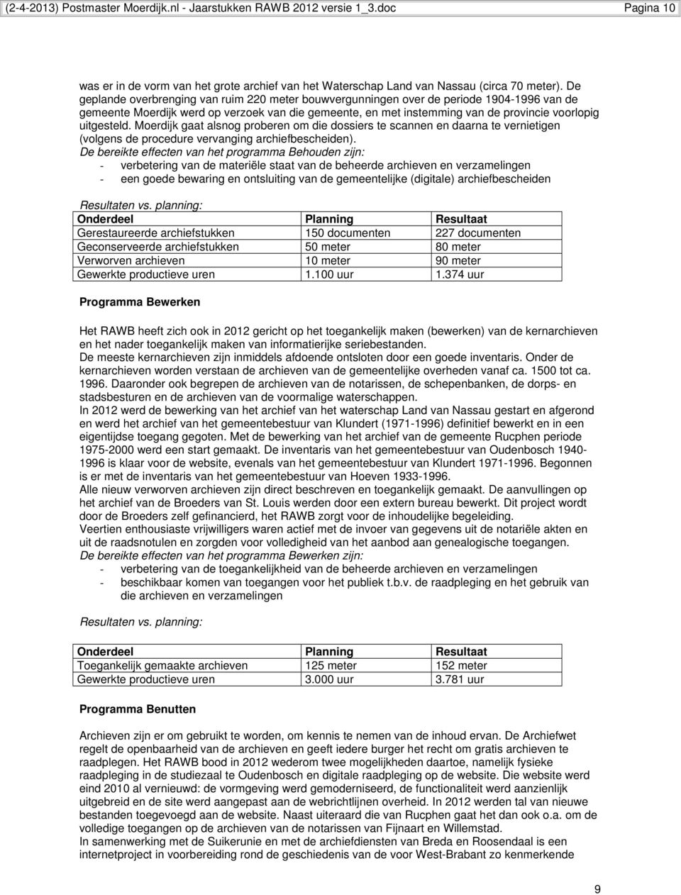 uitgesteld. Moerdijk gaat alsnog proberen om die dossiers te scannen en daarna te vernietigen (volgens de procedure vervanging archiefbescheiden).