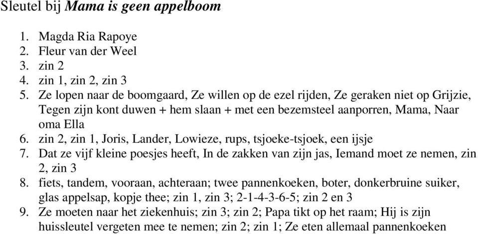 zin 2, zin 1, Joris, Lander, Lowieze, rups, tsjoeke-tsjoek, een ijsje 7. Dat ze vijf kleine poesjes heeft, In de zakken van zijn jas, Iemand moet ze nemen, zin 2, zin 3 8.